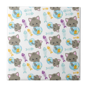 Pattern Of Cats, Cute Cats, Kittens, Fish Ceramic Tile