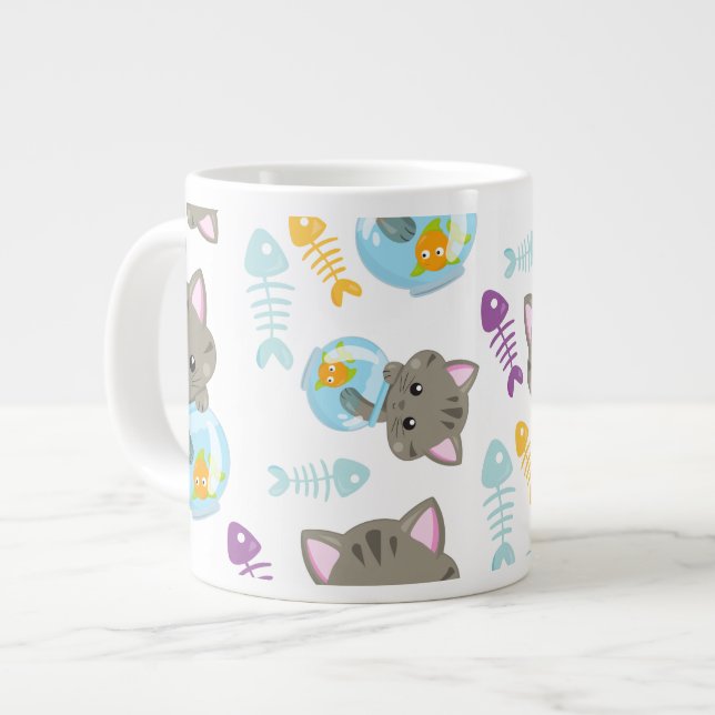 Pattern Of Cats, Cute Cats, Kittens, Fish Large Coffee Mug (Front Left)