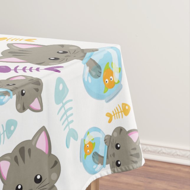 Pattern Of Cats, Cute Cats, Kittens, Fish Tablecloth (In Situ)