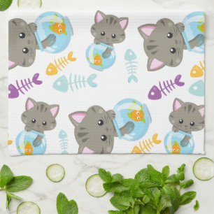 Pattern Of Cats, Cute Cats, Kittens, Fish Tea Towel