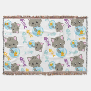 Pattern Of Cats, Cute Cats, Kittens, Fish Throw Blanket