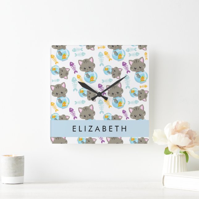 Pattern Of Cats, Cute Cats, Kittens, Your Name Square Wall Clock (Home)