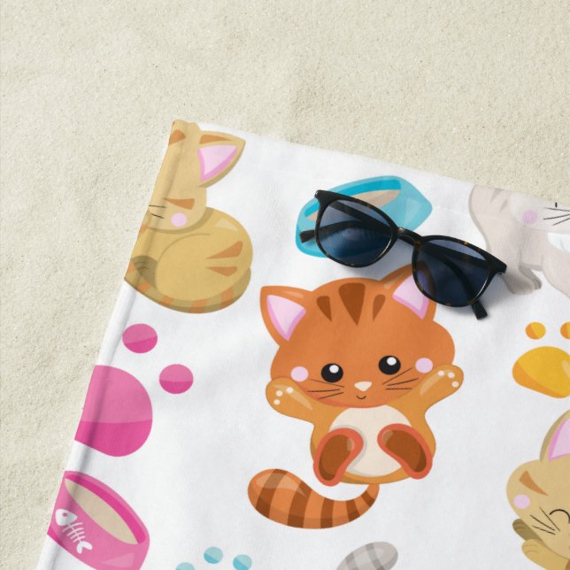 Pattern Of Cats, Cute Cats, Kitty, Kittens, Paws Beach Towel (In Situ)