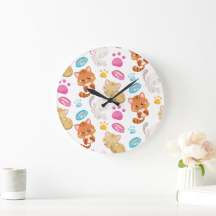 Pattern Of Cats, Cute Cats, Kitty, Kittens, Paws Large Clock
