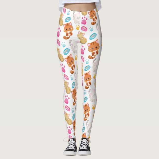 Pattern Of Cats, Cute Cats, Kitty, Kittens, Paws Leggings (Front)
