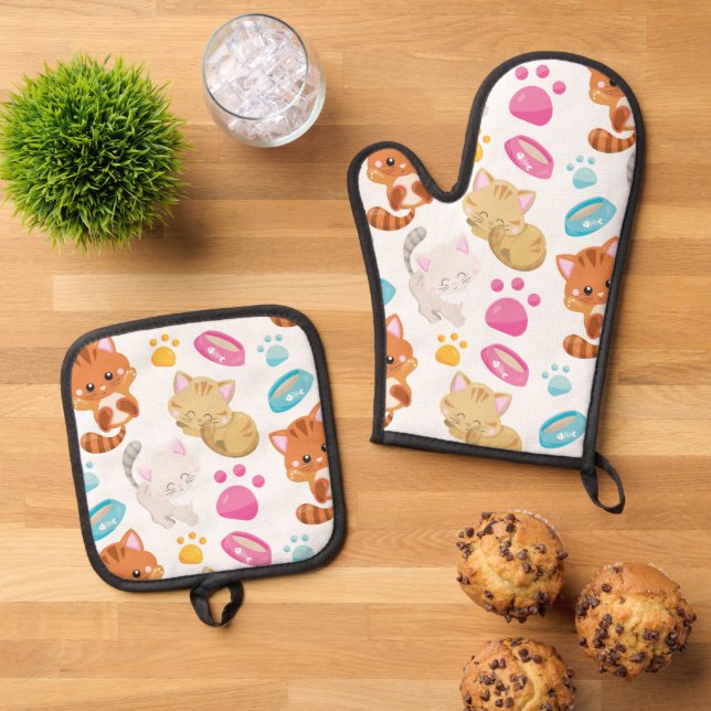 Pattern Of Cats, Cute Cats, Kitty, Kittens, Paws Oven Mitt & Pot Holder Set (Top Down)