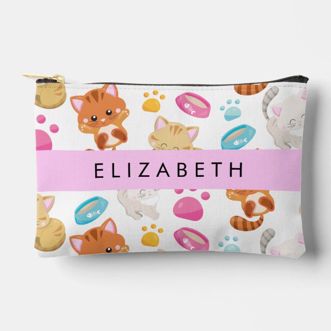 Pattern Of Cats, Cute Cats, Kitty, Paws, Your Name Accessory Pouch (Front)