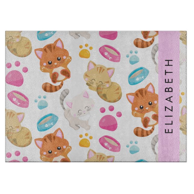Pattern Of Cats, Cute Cats, Kitty, Paws, Your Name Cutting Board (Front)