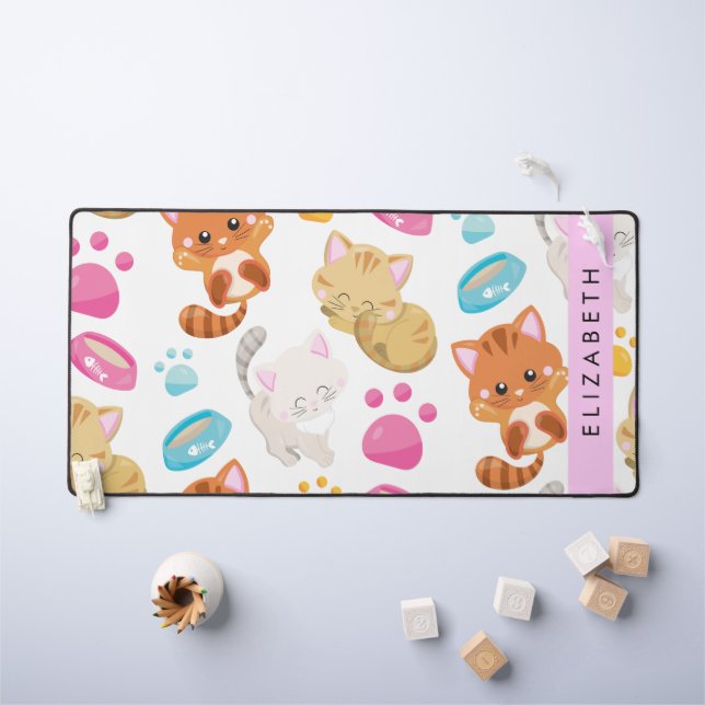 Pattern Of Cats, Cute Cats, Kitty, Paws, Your Name Desk Mat (Kids Table)