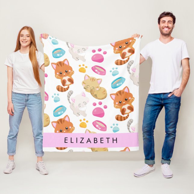 Pattern Of Cats, Cute Cats, Kitty, Paws, Your Name Fleece Blanket (In Situ)