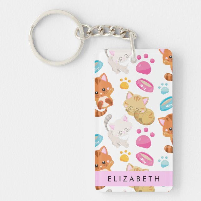 Pattern Of Cats, Cute Cats, Kitty, Paws, Your Name Key Ring (Front)