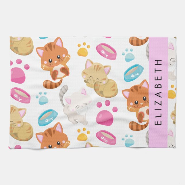 Pattern Of Cats, Cute Cats, Kitty, Paws, Your Name Tea Towel (Horizontal)