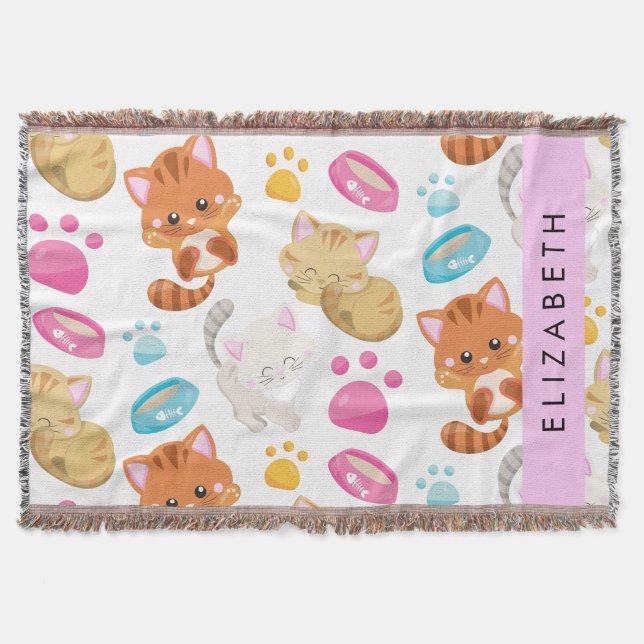 Pattern Of Cats, Cute Cats, Kitty, Paws, Your Name Throw Blanket (Front)
