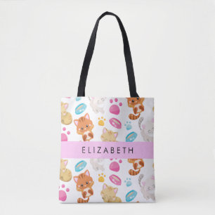 Pattern Of Cats, Cute Cats, Kitty, Paws, Your Name Tote Bag