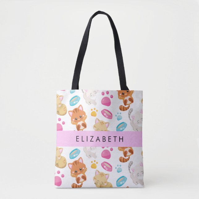 Pattern Of Cats, Cute Cats, Kitty, Paws, Your Name Tote Bag (Front)