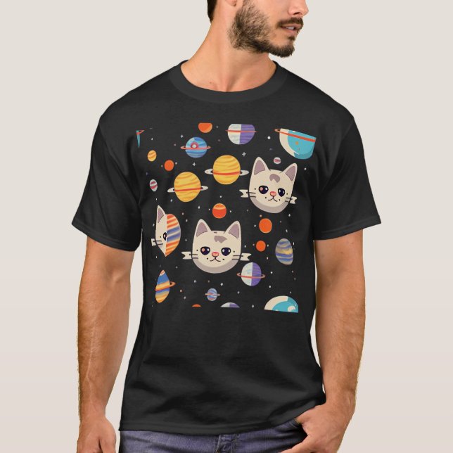 Pattern Of Cats Faces In Space T-Shirt (Front)