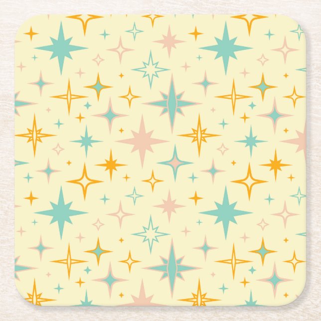 Pattern of colorful retro stars square paper coaster (Front)