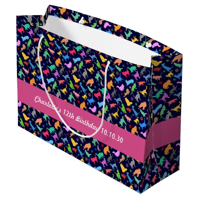 Pattern Of Colourful Cats. Navy Blue Background Large Gift Bag (Back Angled)