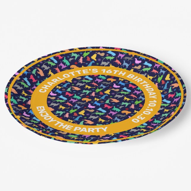Pattern Of Colourful Cats. Navy Blue Background Paper Plate (Angled)