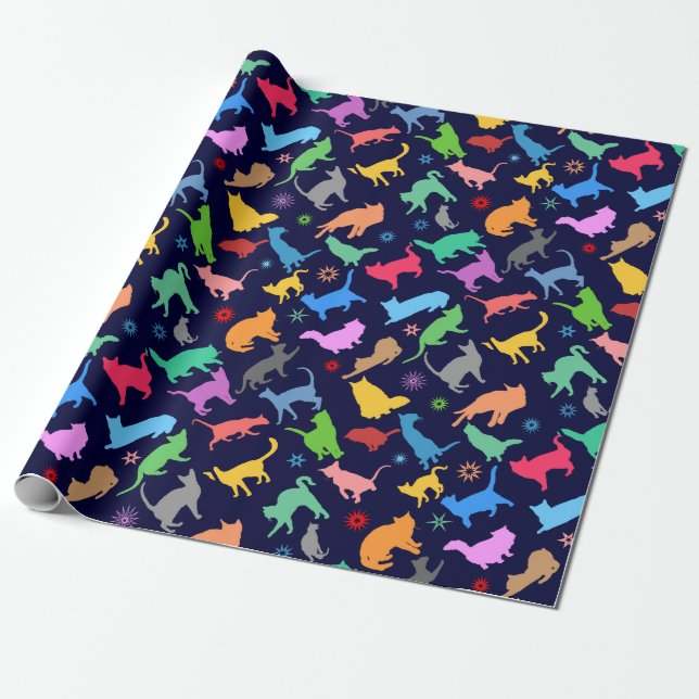 Pattern Of Colourful Cats. Navy Blue Background Wrapping Paper (Unrolled)