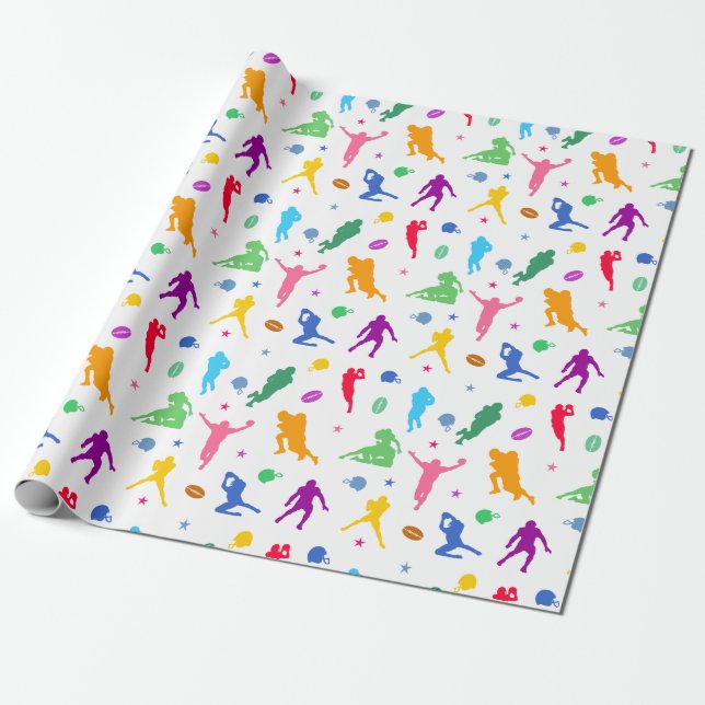 Pattern Of Colourful Football Players On White Wrapping Paper (Unrolled)
