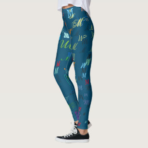 Pattern of colourful initials personalised on blue leggings