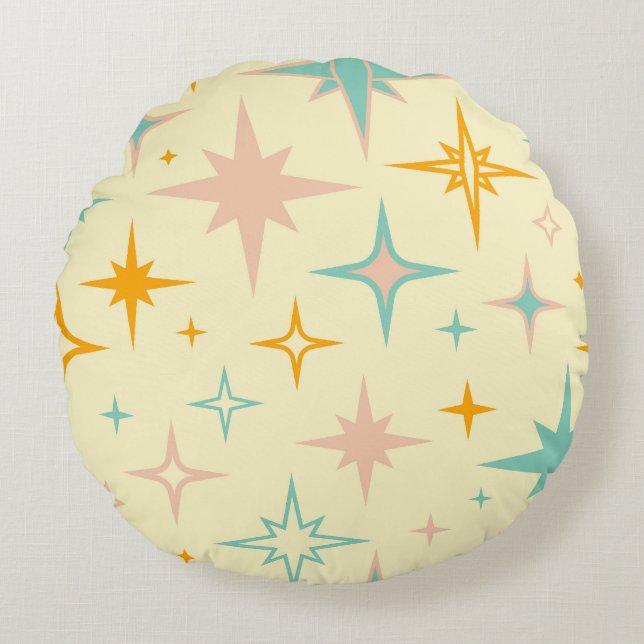 Pattern of colourful retro stars round cushion (Front)