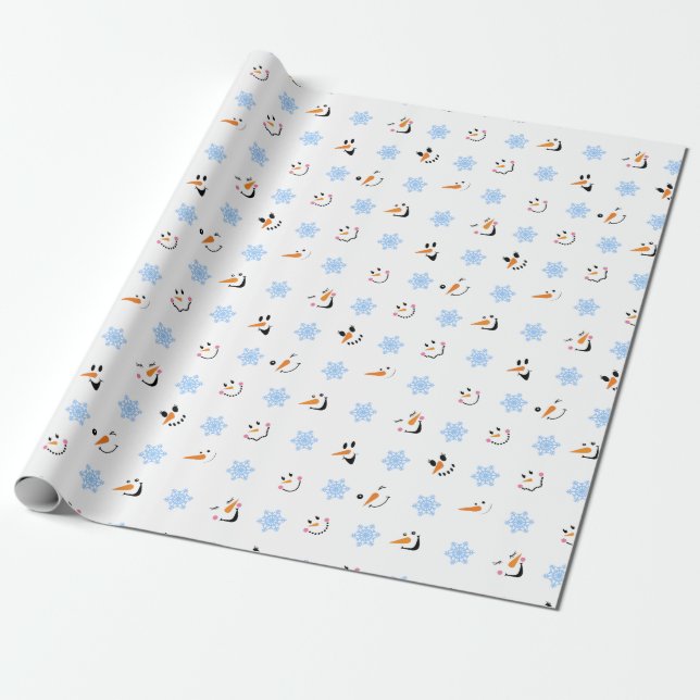 Pattern Of Cool Snowmen Faces, Blue Snowflakes Wrapping Paper (Unrolled)