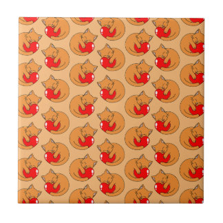 Pattern of Cute Happy Orange Cats Holding Hearts Ceramic Tile