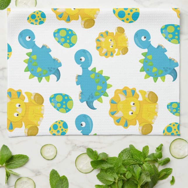 Pattern Of Dinosaurs, Cute Dinosaurs, Baby Dino Tea Towel (Folded)