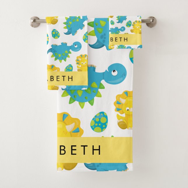 Pattern Of Dinosaurs, Cute Dinosaurs, Your Name Bath Towel Set (Insitu)