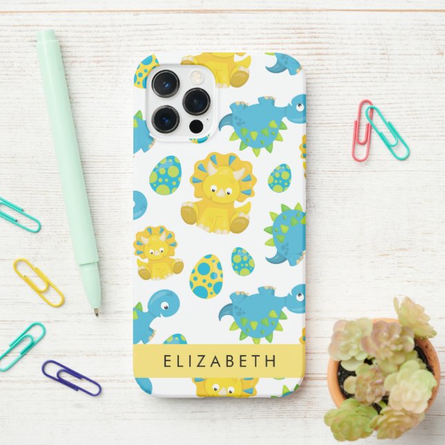 Pattern Of Dinosaurs, Cute Dinosaurs, Your Name iPhone Case (On Desk)