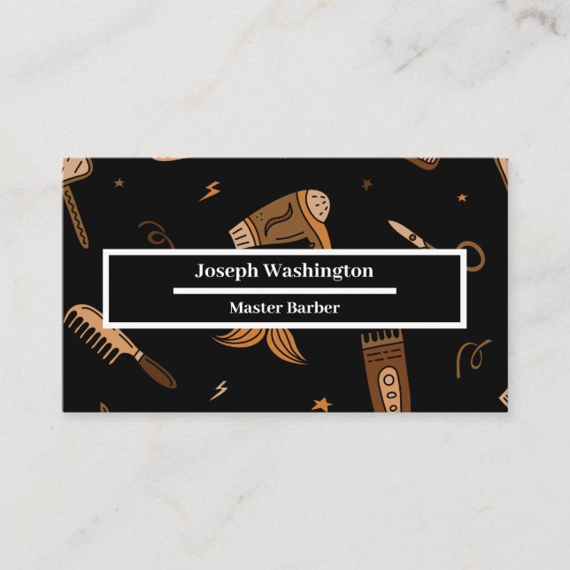 Pattern of Doodle Barber Shop Icons Business Card (Front)