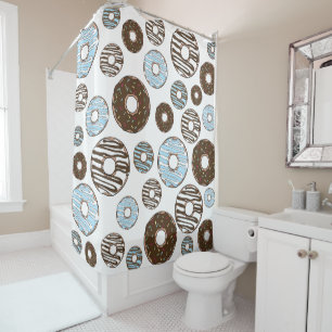Pattern Of Doughnuts, Blue Doughnuts, Brown Doughn Shower Curtain