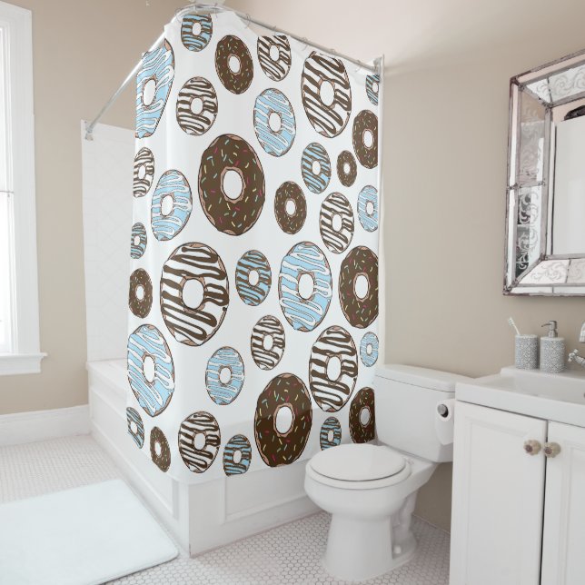 Pattern Of Doughnuts, Blue Doughnuts, Brown Doughn Shower Curtain (In Situ)