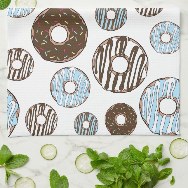 Pattern Of Doughnuts, Blue Doughnuts, Brown Doughn Tea Towel (Folded)