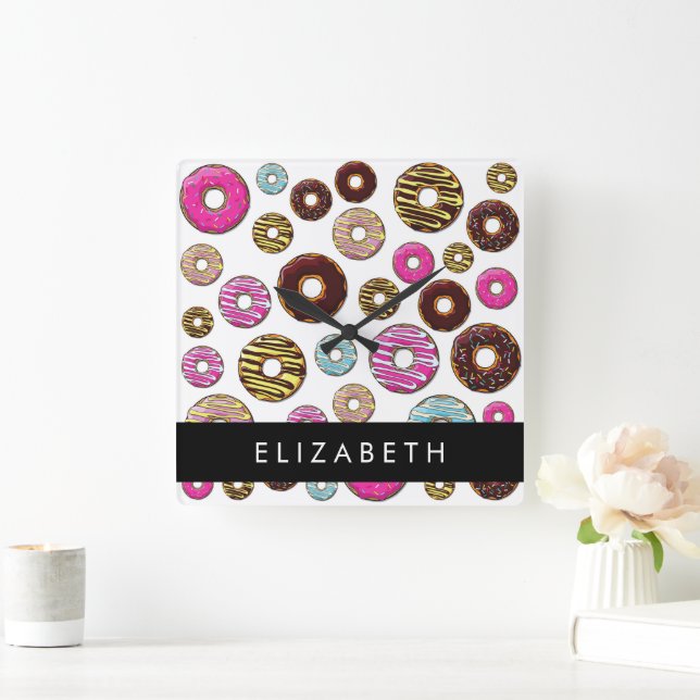 Pattern Of Doughnuts, Colourful Doughnuts, Your Na Square Wall Clock (Home)