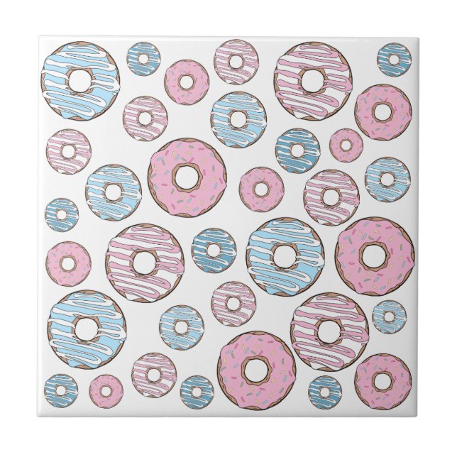 Pattern Of Doughnuts, Pink Doughnuts, Blue Doughnu Ceramic Tile (Front)