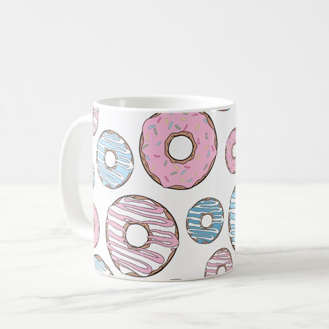 Pattern Of Doughnuts, Pink Doughnuts, Blue Doughnu Coffee Mug (Front Left)