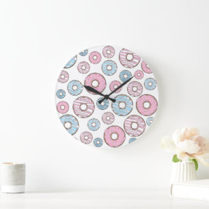 Pattern Of Doughnuts, Pink Doughnuts, Blue Doughnu Large Clock
