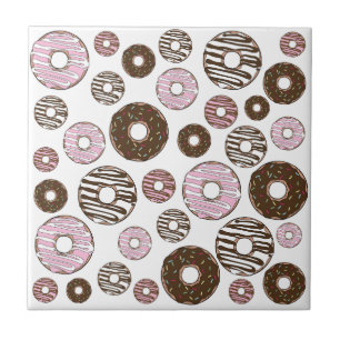 Pattern Of Doughnuts, Pink Doughnuts, Brown Doughn Ceramic Tile
