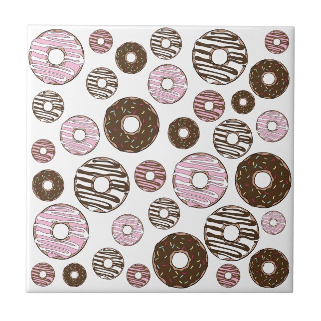 Pattern Of Doughnuts, Pink Doughnuts, Brown Doughn Ceramic Tile (Front)