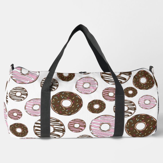 Pattern Of Doughnuts, Pink Doughnuts, Brown Doughn Duffle Bag (Front)