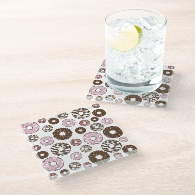 Pattern Of Doughnuts, Pink Doughnuts, Brown Doughn Glass Coaster (Angled)
