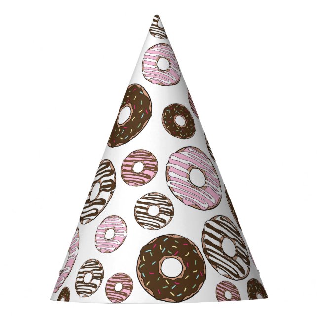 Pattern Of Doughnuts, Pink Doughnuts, Brown Doughn Party Hat (Front)