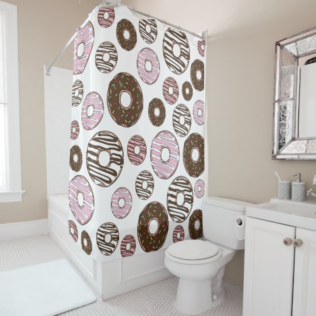 Pattern Of Doughnuts, Pink Doughnuts, Brown Doughn Shower Curtain (In Situ)