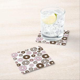Pattern Of Doughnuts, Pink Doughnuts, Brown Doughn Square Paper Coaster