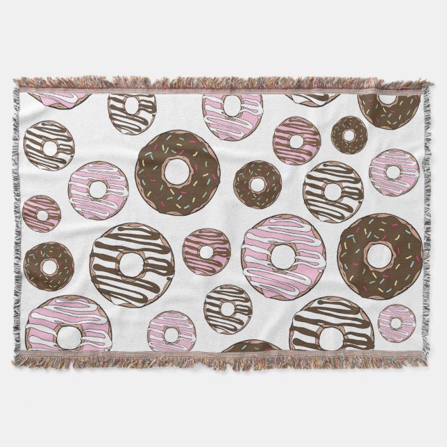 Pattern Of Doughnuts, Pink Doughnuts, Brown Doughn Throw Blanket (Front)