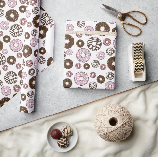 Pattern Of Doughnuts, Pink Doughnuts, Brown Doughn Wrapping Paper (Crafts)
