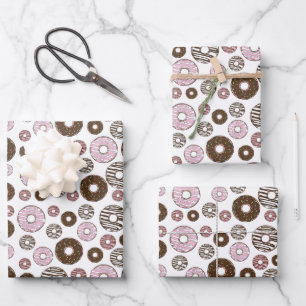 Pattern Of Doughnuts, Pink Doughnuts, Brown Doughn Wrapping Paper Sheet